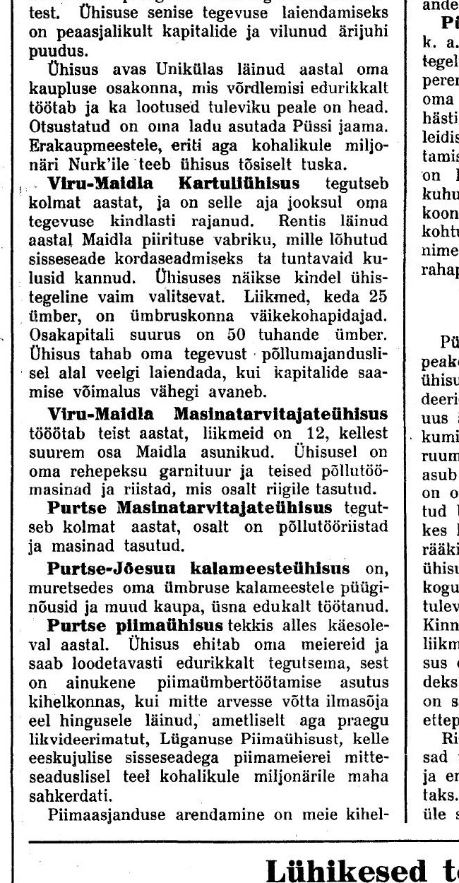 1923. aasta ajaleheteade Viru-Maidla Kartuliühisusest