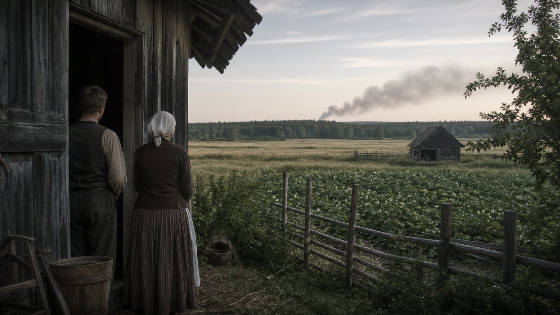Kunstiline rekonstruktsioon Eesti talu elanikest, kes vaatavad 1941. aasta suvel kauguses tõusvat suitsu